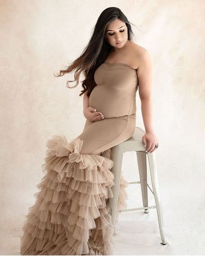 G1051, Beige Body fit Ruffled Maternity Shoot Trail Gown Size: All, Color: All