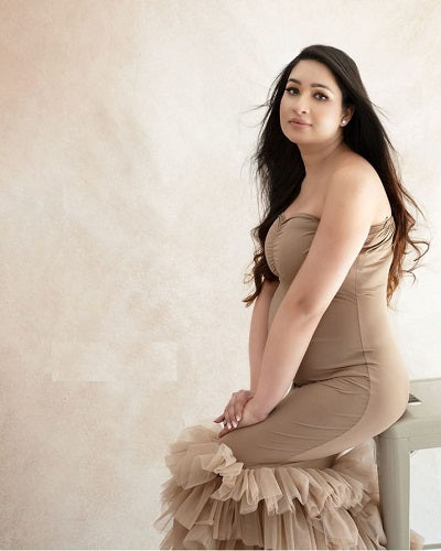 G1051, Beige Body fit Ruffled Maternity Shoot Trail Gown Size: All, Color: All