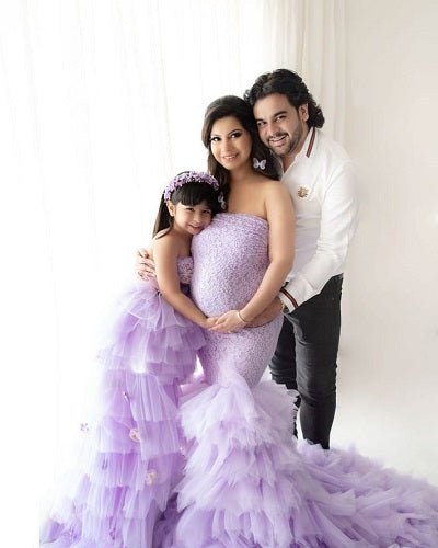 G1055, Lilac Body Fit Ruffled Maternity Shoot Trail Gown, Size: All, Color: All