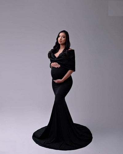 G1003, Black Slit Cut Maternity Shoot Trail Gown, Size: All, Color: All