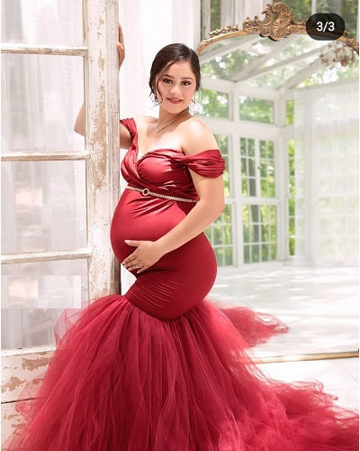 G621, Wine Fish Cut Maternity Shoot Trail Gown, Size: All, Color: All