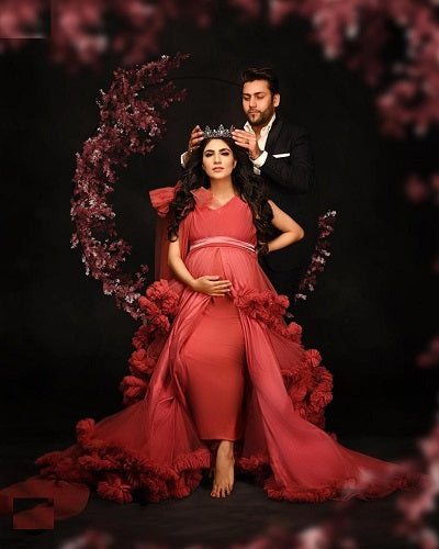 G878, Peach Ruffled Maternity Shoot Gown With Inner, Size: All, Color: All