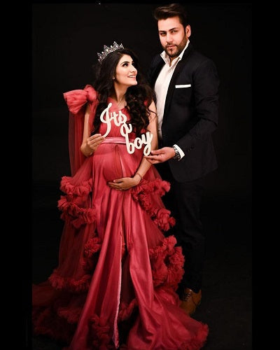 G878, Peach Ruffled Maternity Shoot Gown With Inner, Size: All, Color: All