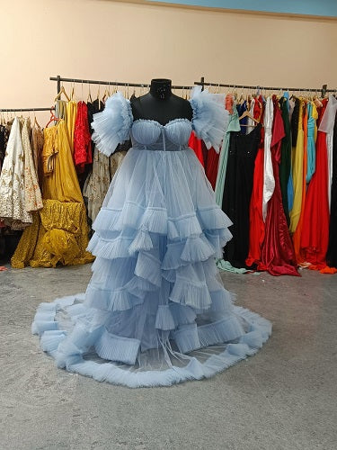 G466, Blue Frilled Maternity Shoot Gown With Inner, Size (All)
