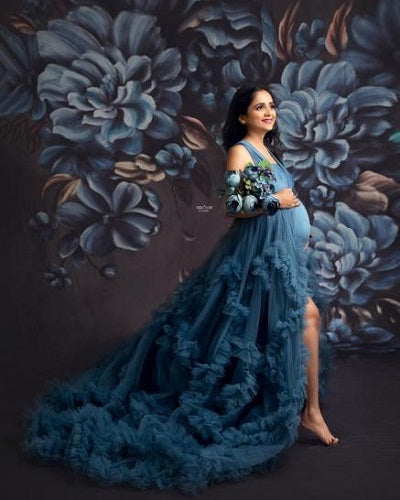 G1057, Navy Blue Ruffled Slit Cut Maternity Shoot Trail Gown Size: All, Color: All