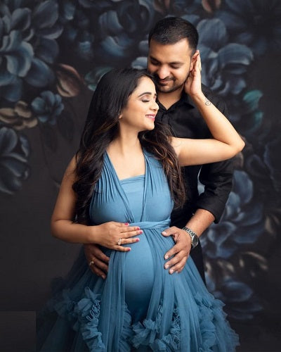 G1057, Navy Blue Ruffled Slit Cut Maternity Shoot Trail Gown Size: All, Color: All
