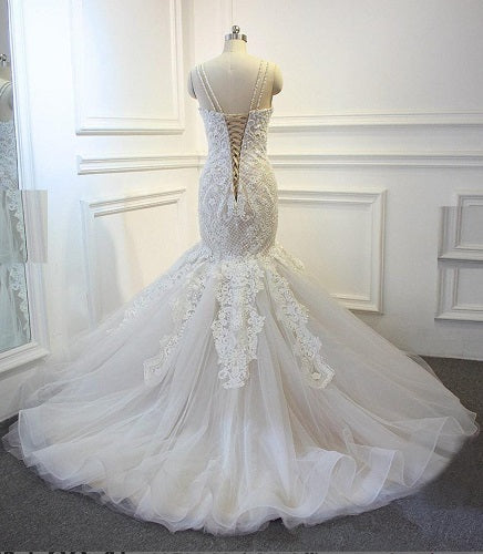 W459, White Mermaid Fishcut Trail Gown Size: All, Color: All