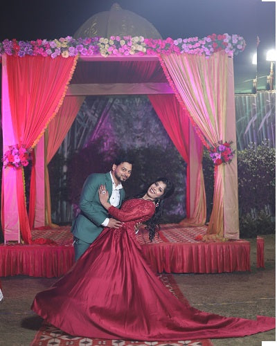 G229, Wine Satin Semi Off Shoulder Full Sleeves Prewedding Shoot Trail Ball Gown, Size: All, Color: All