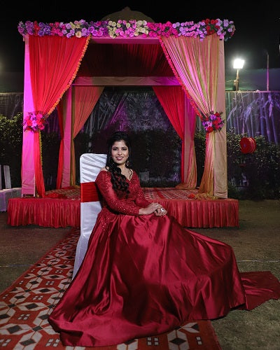 G229, Wine Satin Semi Off Shoulder Full Sleeves Prewedding Shoot Trail Ball Gown, Size: All, Color: All