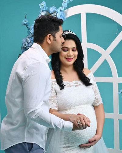 W208, White Lace Half Sleeves Maternity Shoot Trail Gown Size: All, Color: All