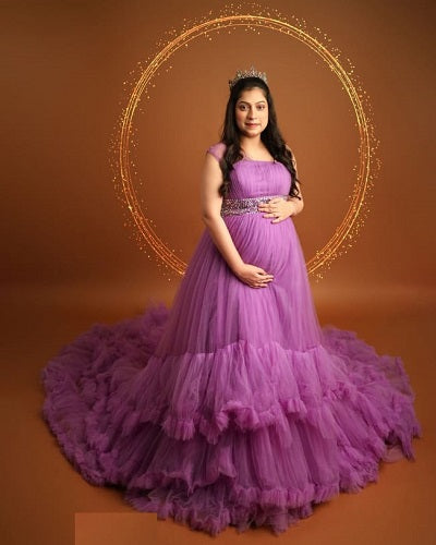 G240, Luxury Purple Ruffled maternity shoot trail gown, Size: All, Color: All