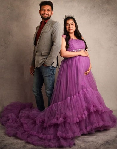 G240, Luxury Purple Ruffled maternity shoot trail gown, Size: All, Color: All