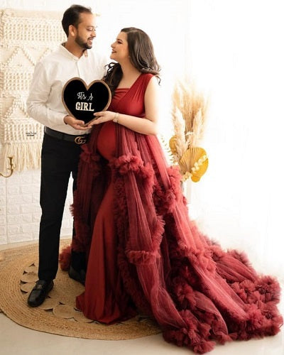 G2112, Dark Wine Ruffled Maternity Shoot Trail Gown, Size: All, Color: All