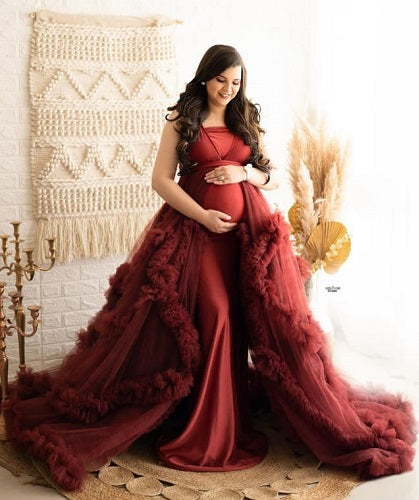 G2112, Dark Wine Ruffled Maternity Shoot Trail Gown, Size: All, Color: All