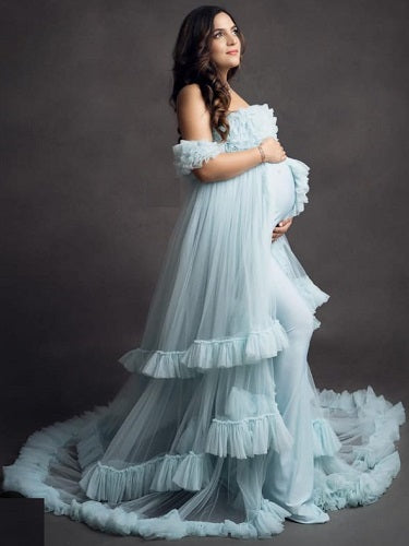 G325, Ice Blue Ruffled Maternity Shoot Gown, Size: All, Color: All