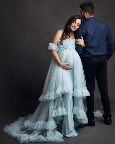 G325, Ice Blue Ruffled Maternity Shoot Gown, Size: All, Color: All