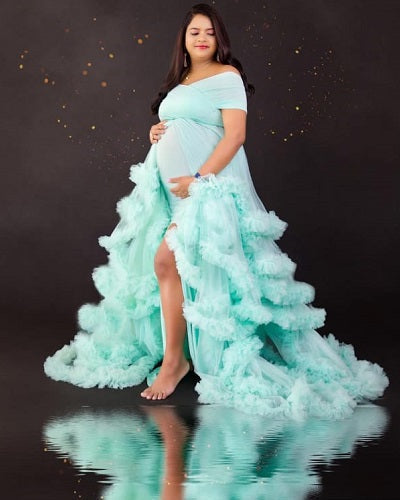 G2113, Sea Green Ruffled Slit Cut Maternity Shoot Trail Gown, Size: All, Color: All