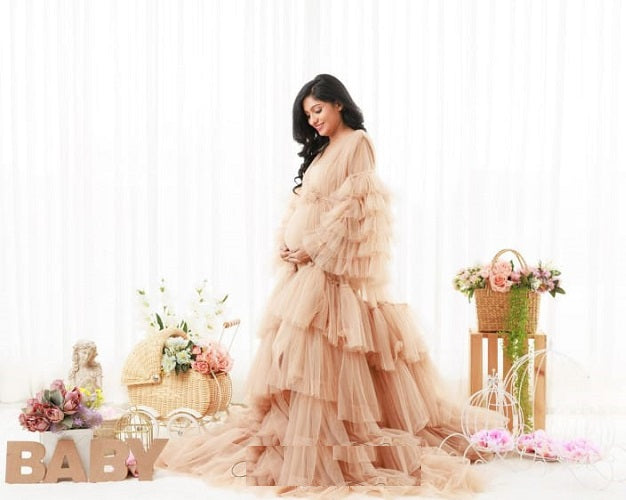 G1058, Beige Ruffled Maternity Shoot Trail Gown, Size: All, Color: All
