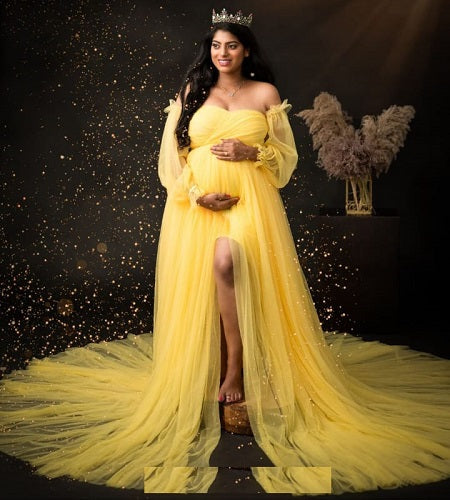G1077, Yellow Ruffled Slit Cut Maternity Shoot Trail Gown, Size: All, Color: All