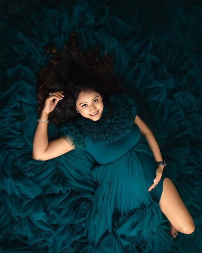 G1078, Bottle Green Slit Cut Ruffled Maternity Shoot Long Trail Gown, Size: All, Color: All