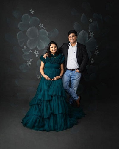 G1078, Bottle Green Slit Cut Ruffled Maternity Shoot Long Trail Gown, Size: All, Color: All
