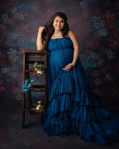 G1079, Navy Blue Slit Cut Frilled Maternity Shoot Trail Gown, Size: All, Color: All
