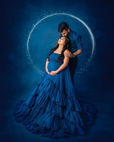 G1079, Navy Blue Slit Cut Frilled Maternity Shoot Trail Gown, Size: All, Color: All