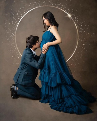 G1079, Navy Blue Slit Cut Frilled Maternity Shoot Trail Gown, Size: All, Color: All
