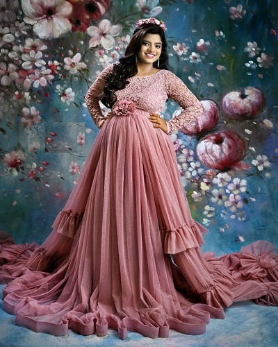 G1045, Peach Ruffled Maternity Shoot Trail Gown, Size: All, Color: All
