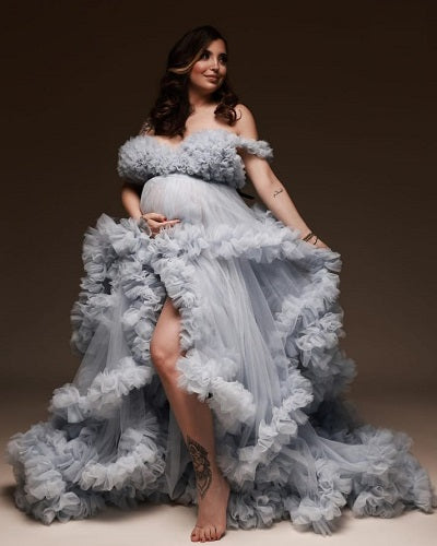 G1042, Grey Ruffled Maternity Shoot Trail Gown With Inner, Size: All, Color: All