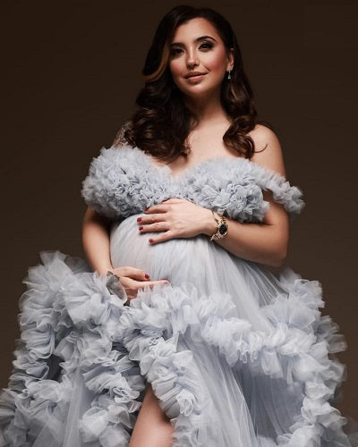 G1042, Grey Ruffled Maternity Shoot Trail Gown With Inner, Size: All, Color: All
