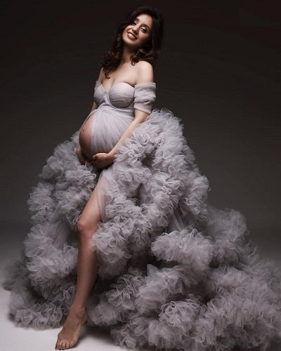 G1043, Grey Ruffled Maternity Shoot Trail Gown With Inner, Size: All, Color: All