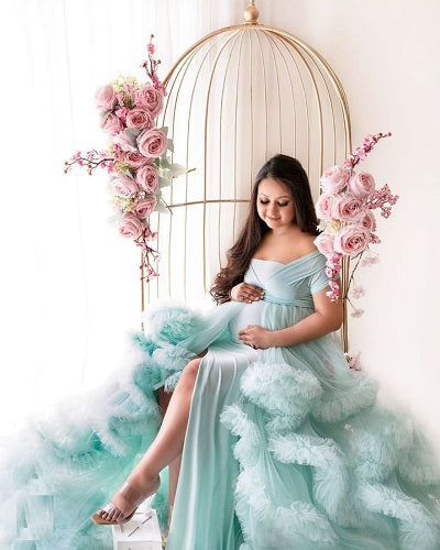 G2113, Sea Green Ruffled Slit Cut Maternity Shoot Trail Gown, Size: All, Color: All