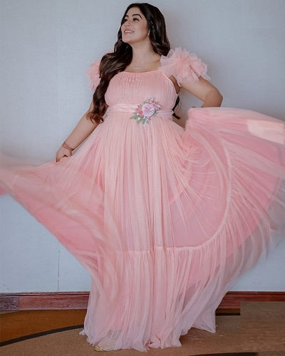 G1141, Peach Frilled Maternity Shoot Gown Size: All, Color: All