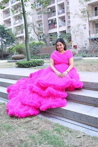 G1068, Hot Pink Slit Cut Ruffled Maternity Shoot Trail Gown Size: All, Color: All