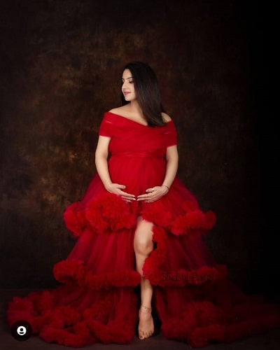 G968, Wine Slit Cut Puffy Frills Maternity Trail Gown Size: All, Color: All