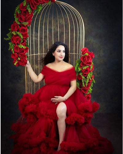 G968, Wine Slit Cut Puffy Frills Maternity Trail Gown Size: All, Color: All