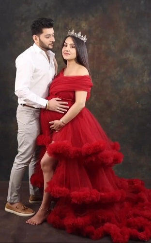 G968, Wine Slit Cut Puffy Frills Maternity Trail Gown Size: All, Color: All