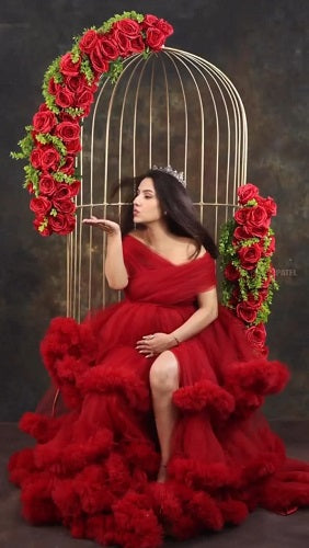 G968, Wine Slit Cut Puffy Frills Maternity Trail Gown Size: All, Color: All