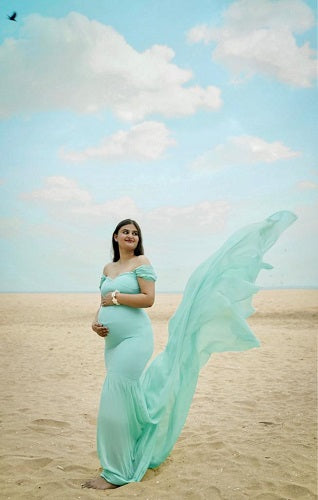 G49,Light Green Maternity Shoot Baby Shower Trail Lycra Fit Gown, Size: All,Color: All