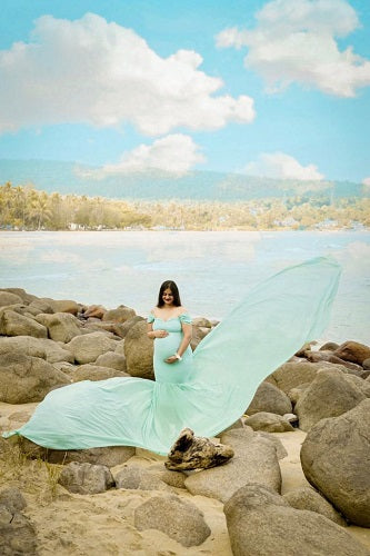 G49,Light Green Maternity Shoot Baby Shower Trail Lycra Fit Gown, Size: All,Color: All