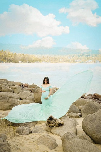 G49,Light Green Maternity Shoot Baby Shower Trail Lycra Fit Gown, Size: All,Color: All