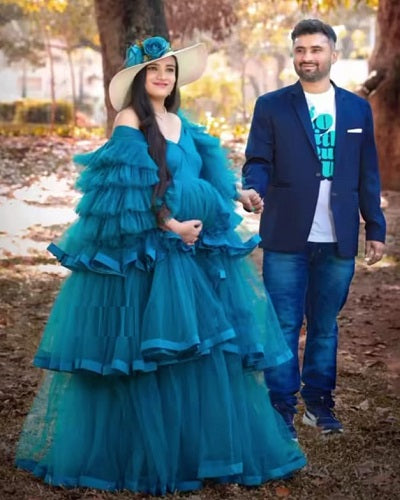 G1059, Navy Blue Frilled Slit Cut Maternity Shoot Trail Gown With Inner, Size: All, Color: All