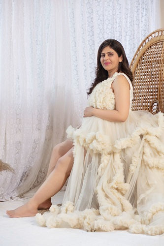 G2011, Cream Ruffled Slit Cut Shoot Trail Gown With Inner Size: All, Color: All