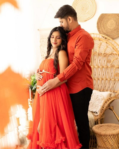 G1067, Orange TubeTop Slit Cut Ruffled Maternity Shoot Trail Gown, Size: All, Color: All