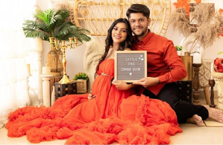 G1067, Orange TubeTop Slit Cut Ruffled Maternity Shoot Trail Gown, Size: All, Color: All