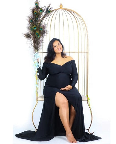 G106, Black Slit Cut Maternity Shoot Trail Baby Shower Gown, Size: All, Color: All