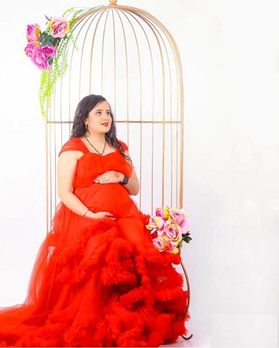 G768, Red Tube Ruffled Maternity Shoot Baby Shower Trail Gown Size: All, Color: All