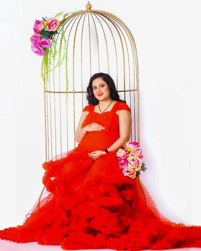 G768, Red Tube Ruffled Maternity Shoot Baby Shower Trail Gown Size: All, Color: All