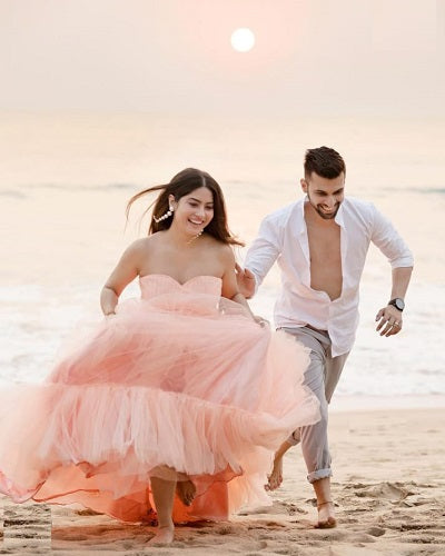 G1142, Peach TubeTop Frilled long Trail Shoot Gown Size: All, Color: All